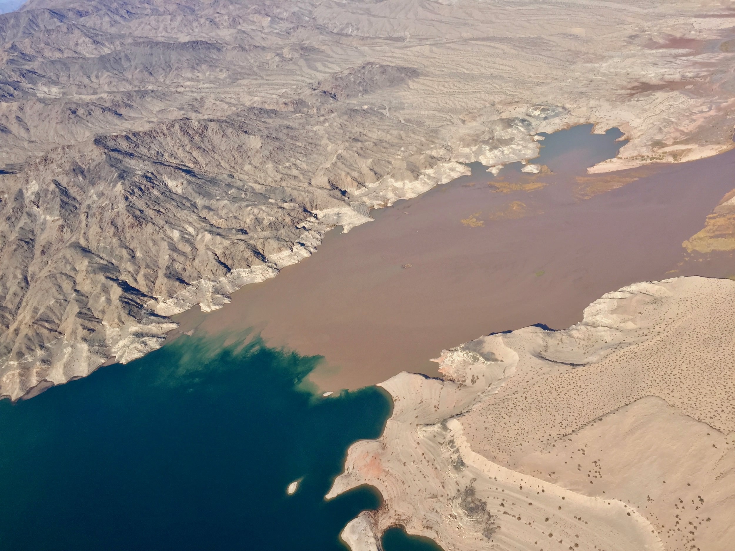 The water of the Colorado River meets the water of Lake Mead